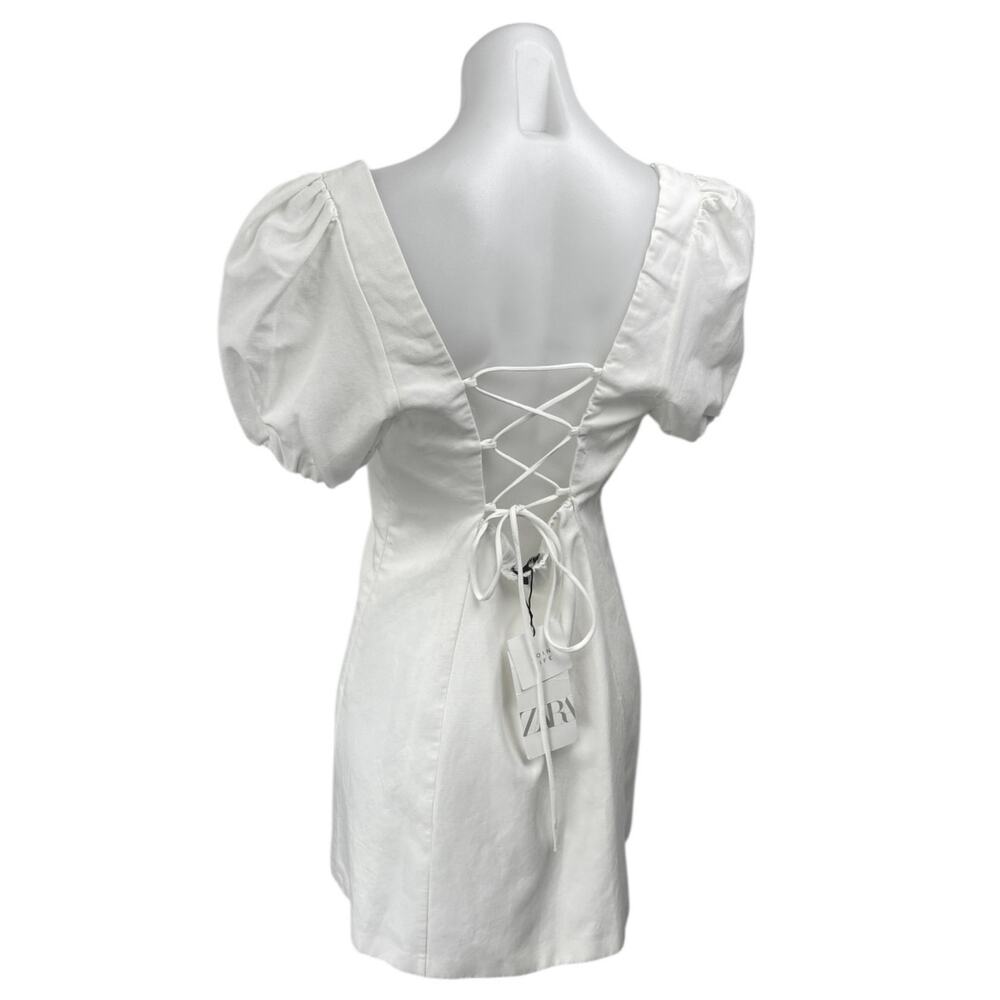NEW Zara White Short Puff Sleeve Lace Up Back Square Neck Mini A Line Dress XL - Picture 2 of 6